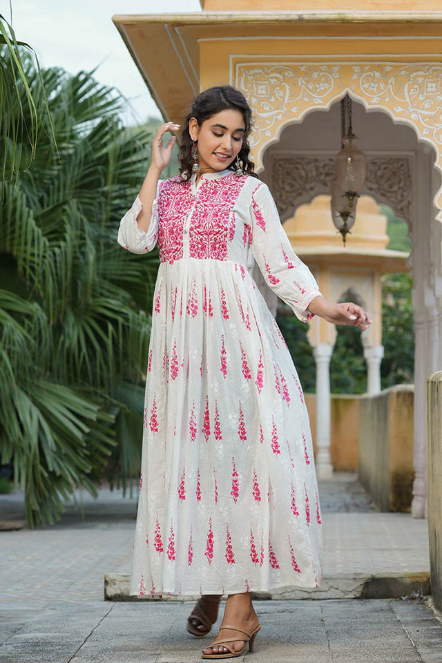 White Cotton Bandhani Mandarin Collar Anarkali Kurti