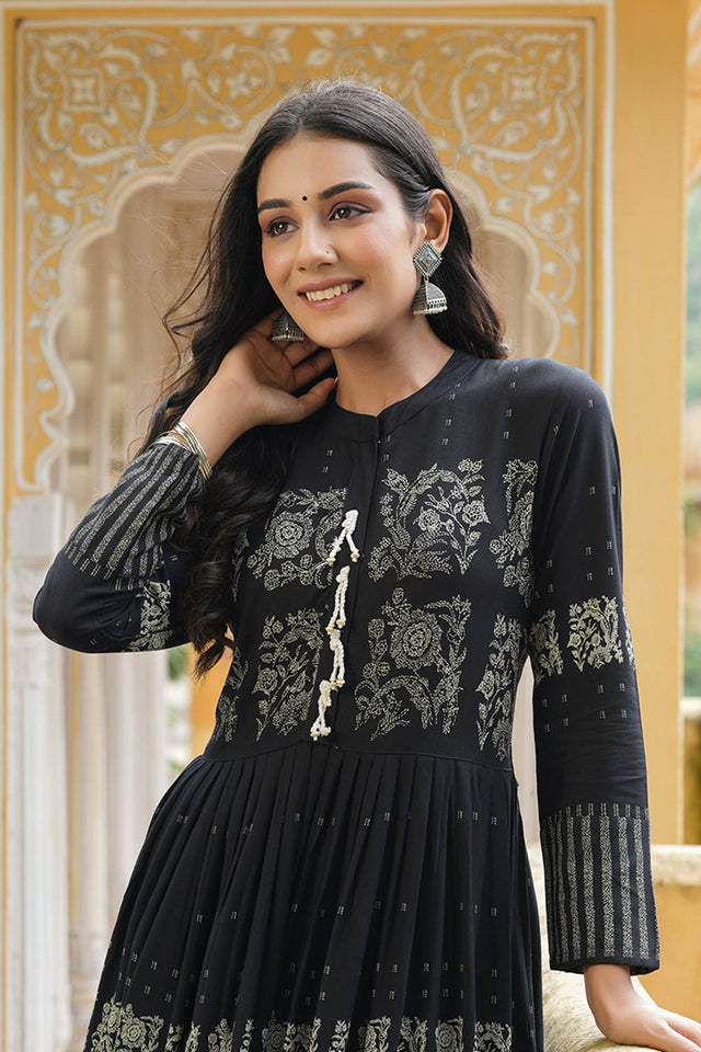 Black Cotton Mandarin Collar Anarkali Kurti