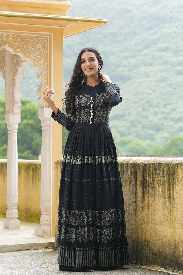Black Cotton Mandarin Collar Anarkali Kurti
