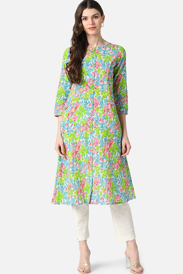 Blue Rayon Floral Flared Fit Kurti