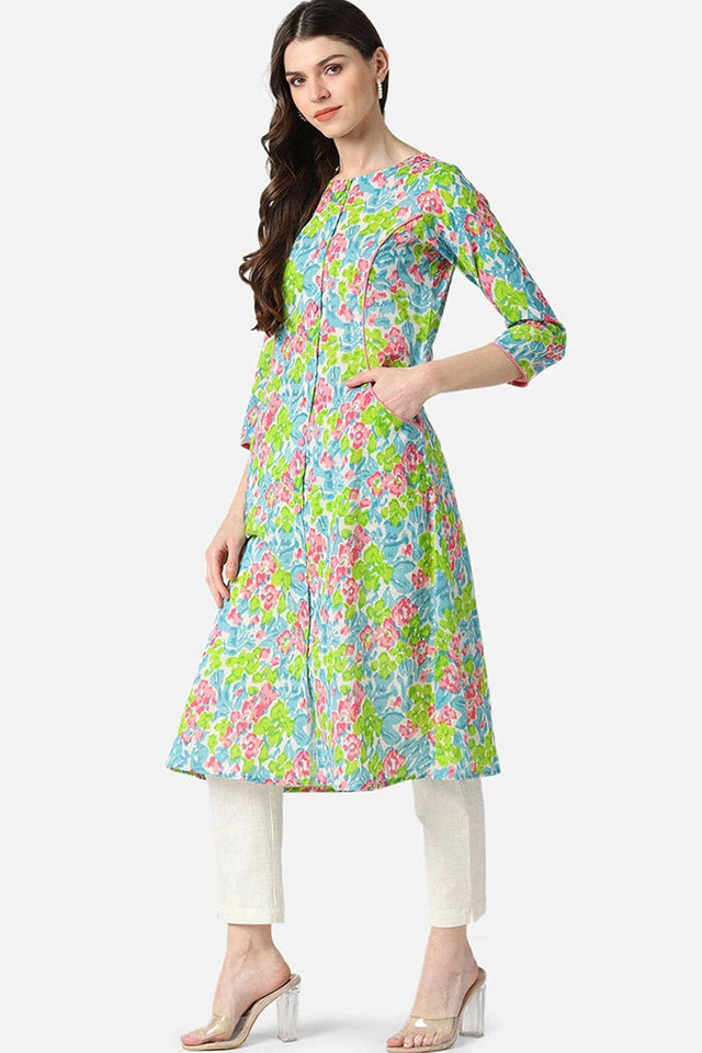 Blue Rayon Floral Flared Fit Kurti