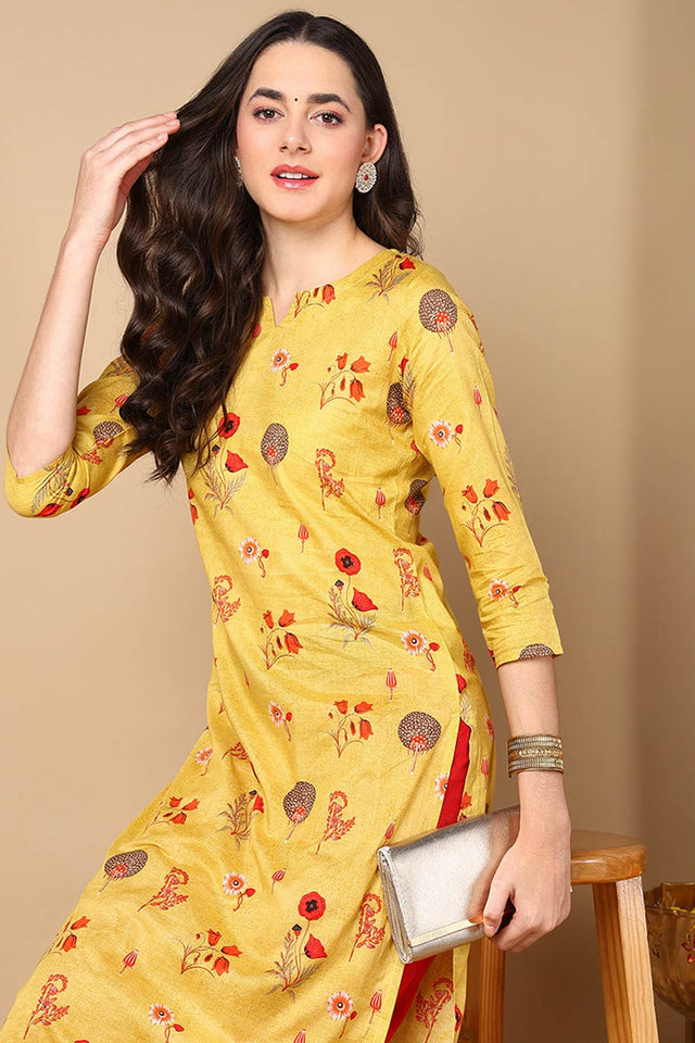 Yellow Cotton Floral Straight Kurti