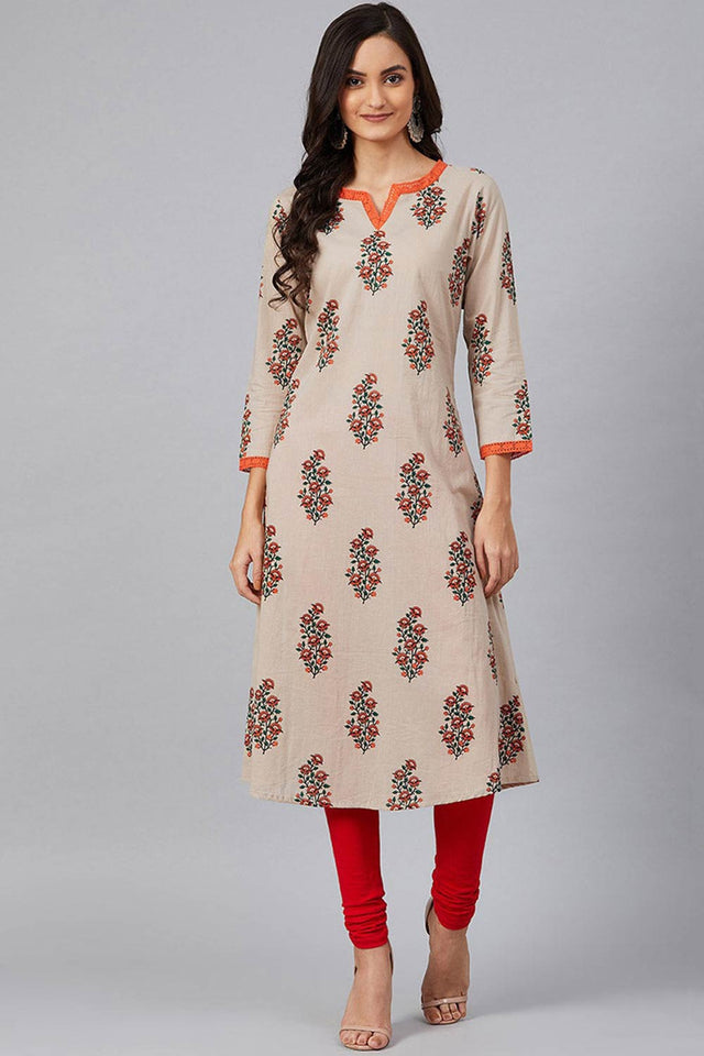Beige Cotton Round Neck Kurti