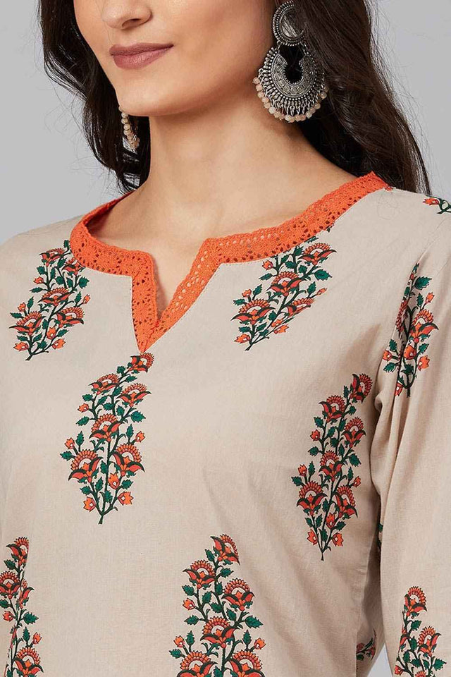 Beige Cotton Round Neck Kurti