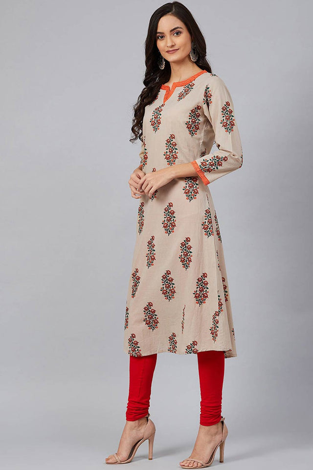 Beige Cotton Round Neck Kurti