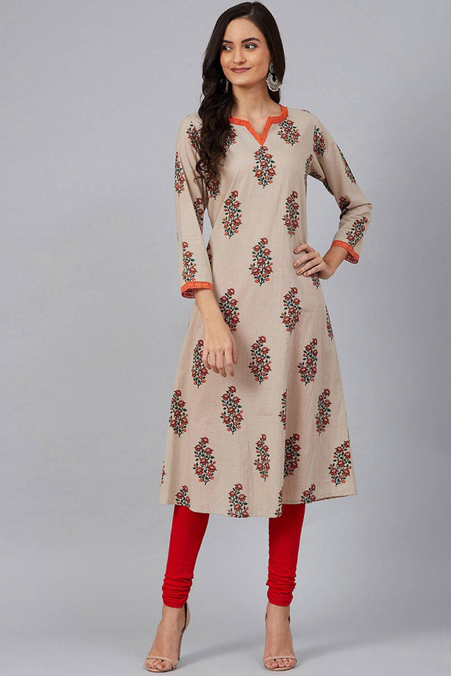 Beige Cotton Round Neck Kurti