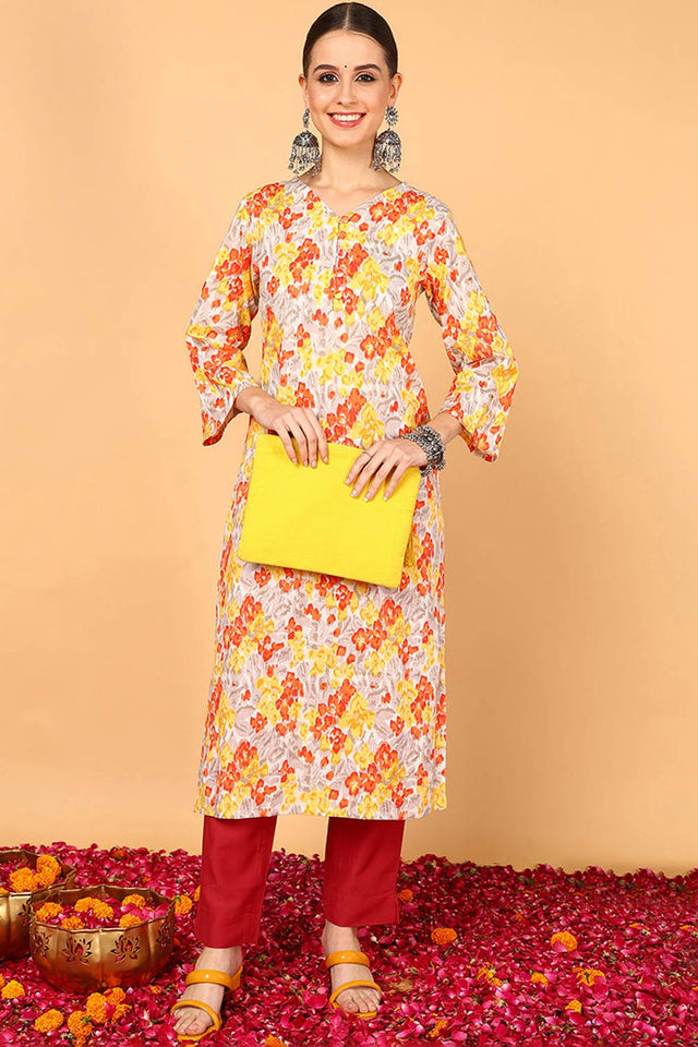 Grey Cotton Floral Straight Kurti