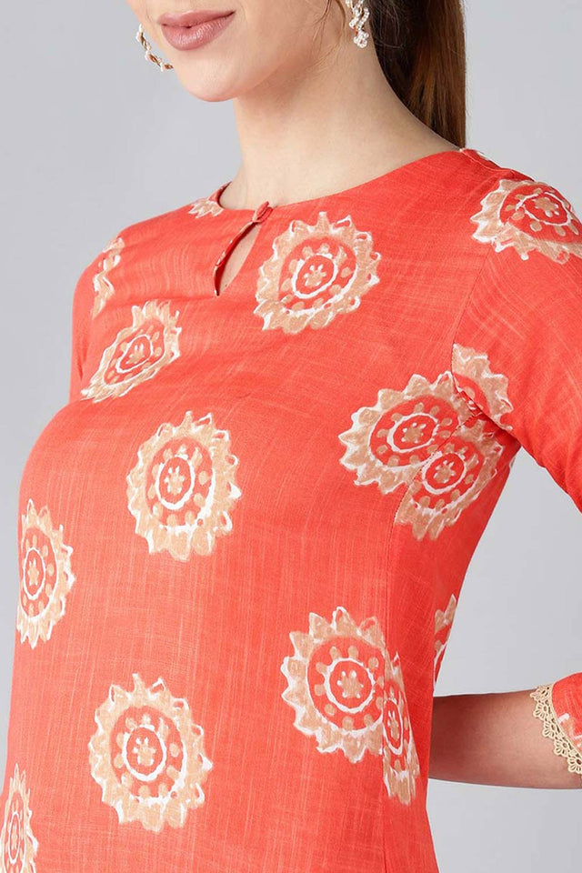 Orange Cotton Printed Straight Kurti