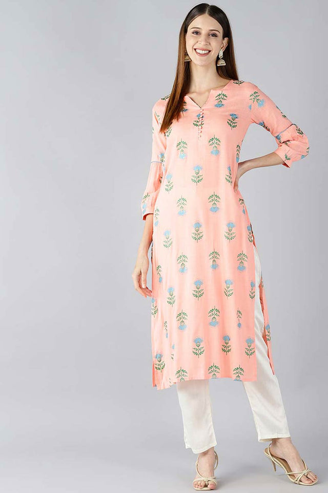 Pink Cotton Printed Straight Kurti