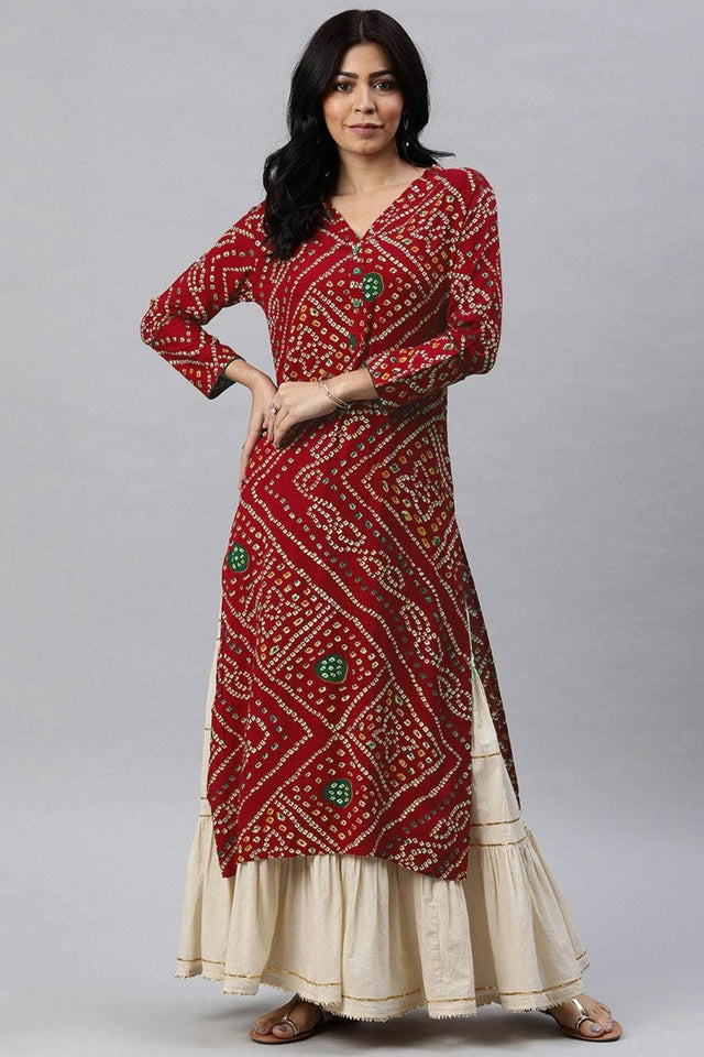 Red Rayon Floral Print V Neck Kurti
