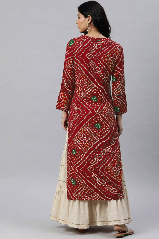 Red Rayon Floral Print V Neck Kurti