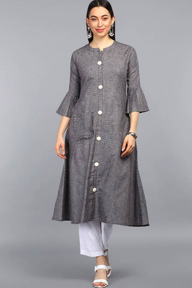 Grey Cotton Stripe Flared Fit Kurti