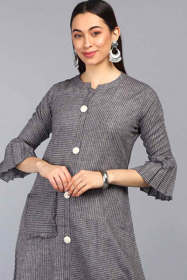 Grey Cotton Stripe Flared Fit Kurti