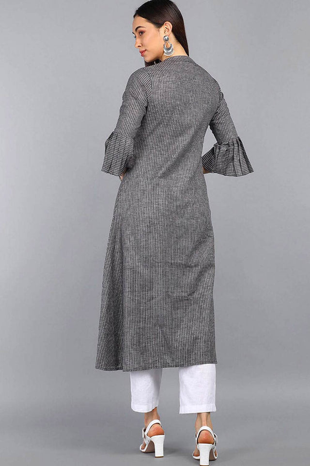 Grey Cotton Stripe Flared Fit Kurti