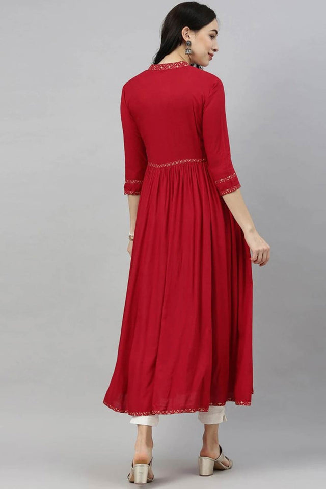 Red Cotton Mandarin Collar Kurti