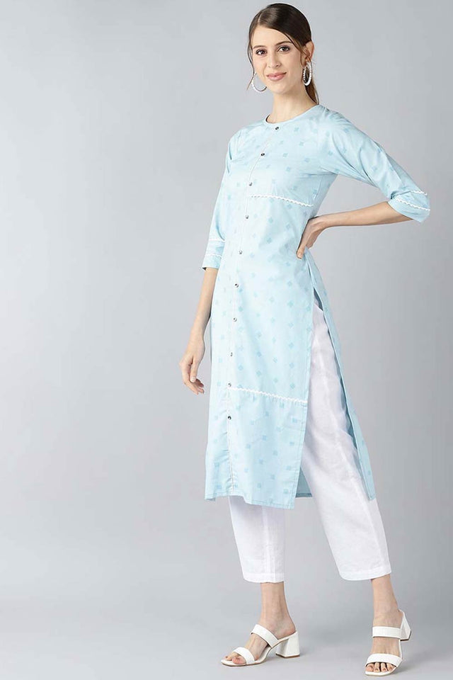 Blue Cotton Floral Straight Kurti