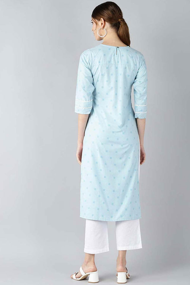 Blue Cotton Floral Straight Kurti