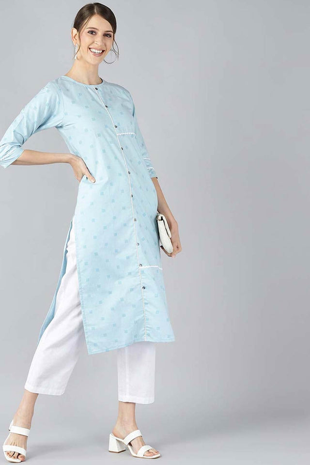 Blue Cotton Floral Straight Kurti