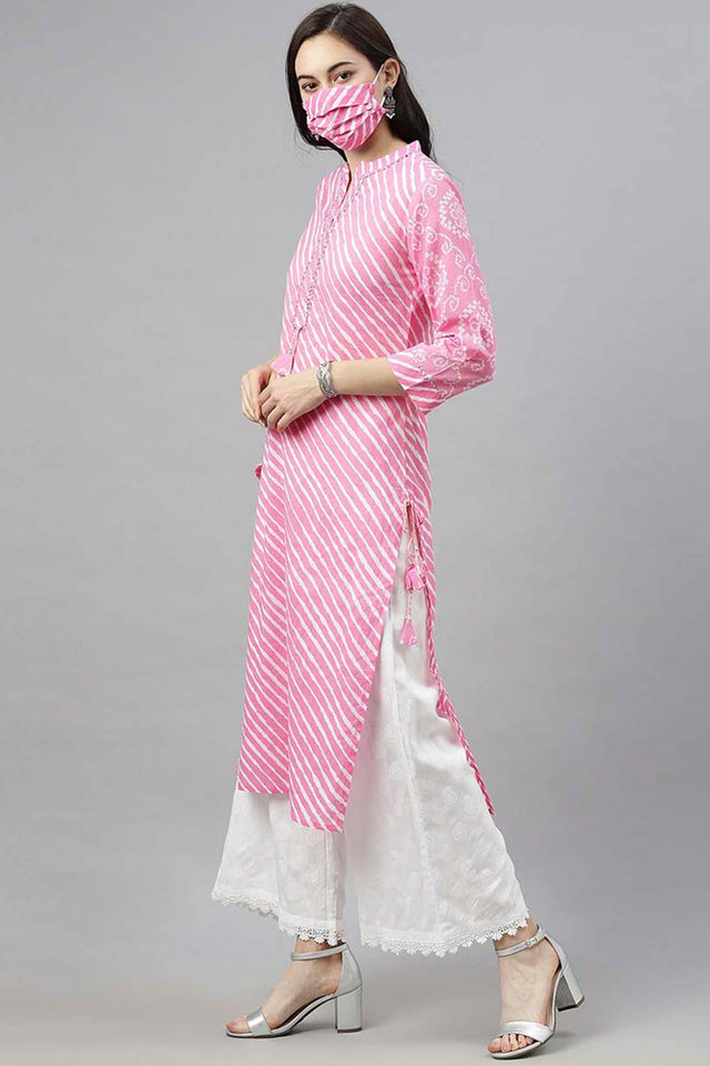 Pink Cotton Leheriya Straight Kurti