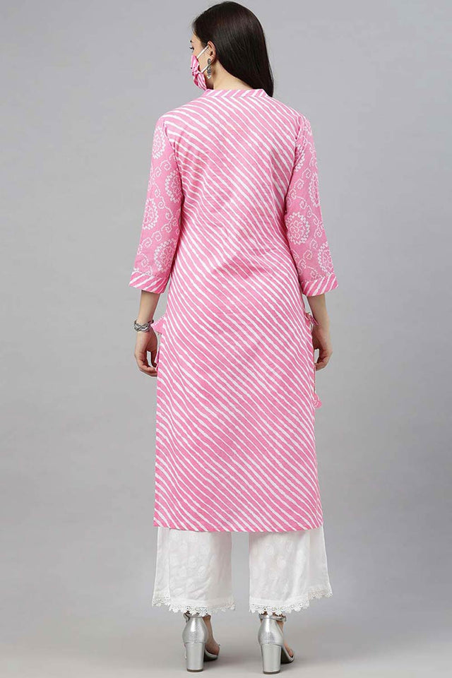 Pink Cotton Leheriya Straight Kurti