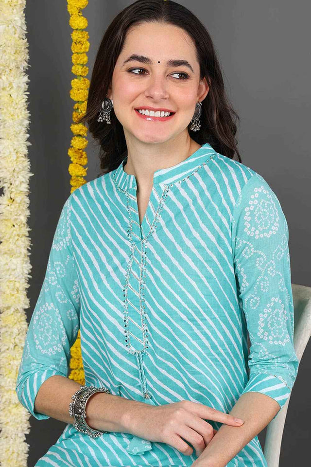 Blue Cotton Mandarin Collar Kurti