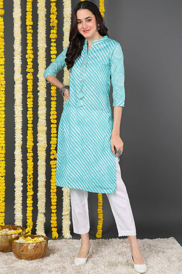 Blue Cotton Mandarin Collar Kurti
