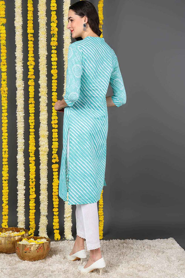Blue Cotton Mandarin Collar Kurti