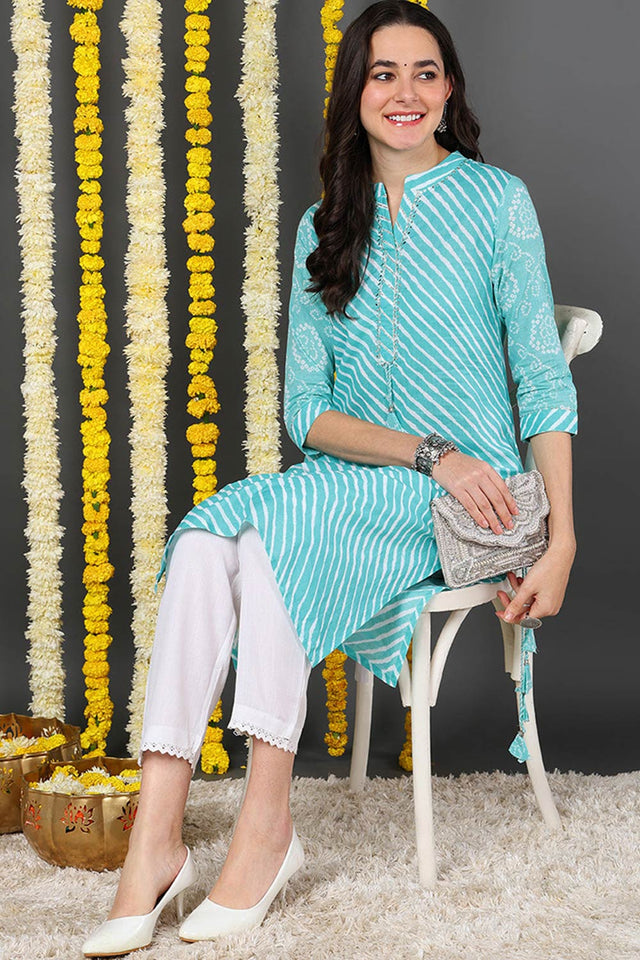 Blue Cotton Mandarin Collar Kurti