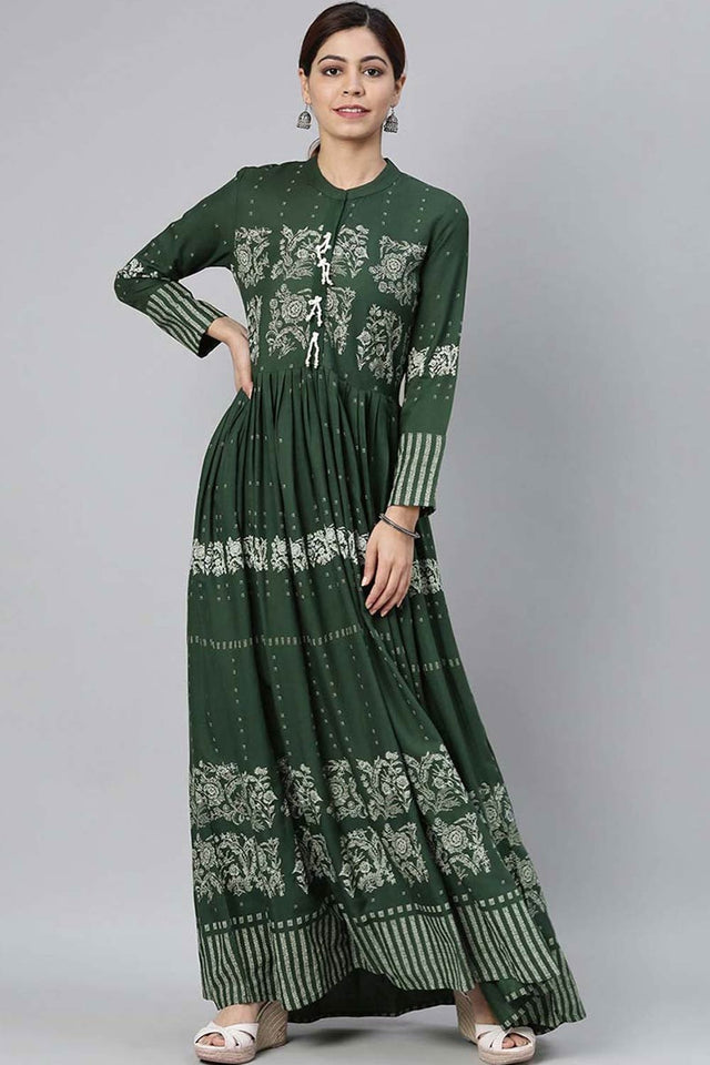 Green Cotton Floral Print Round Neck Kurti