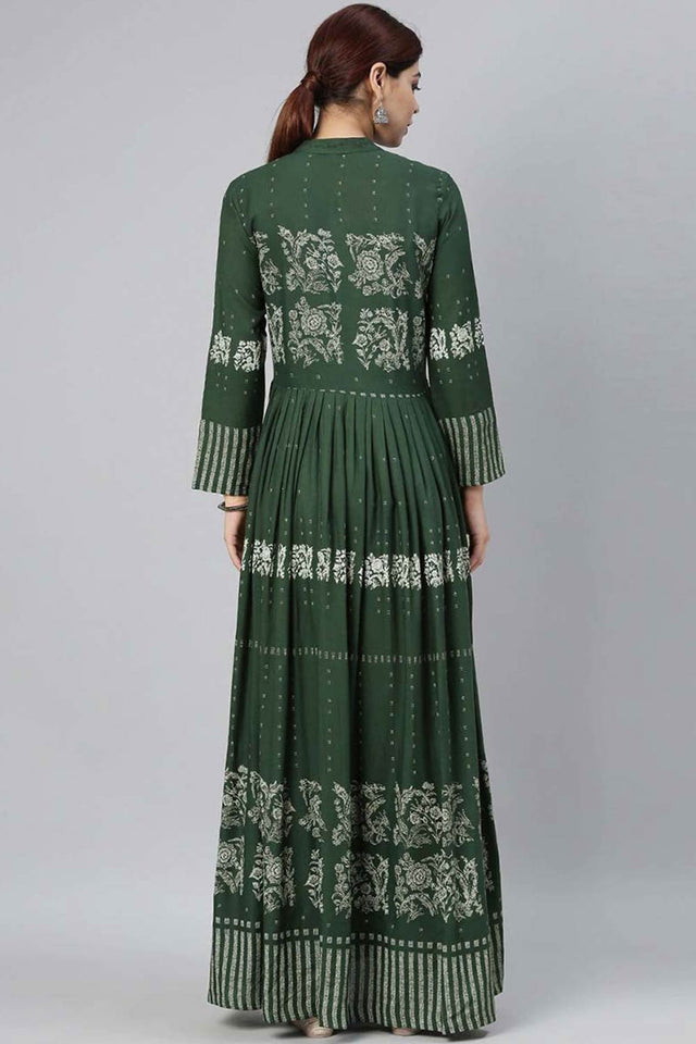 Green Cotton Floral Print Round Neck Kurti