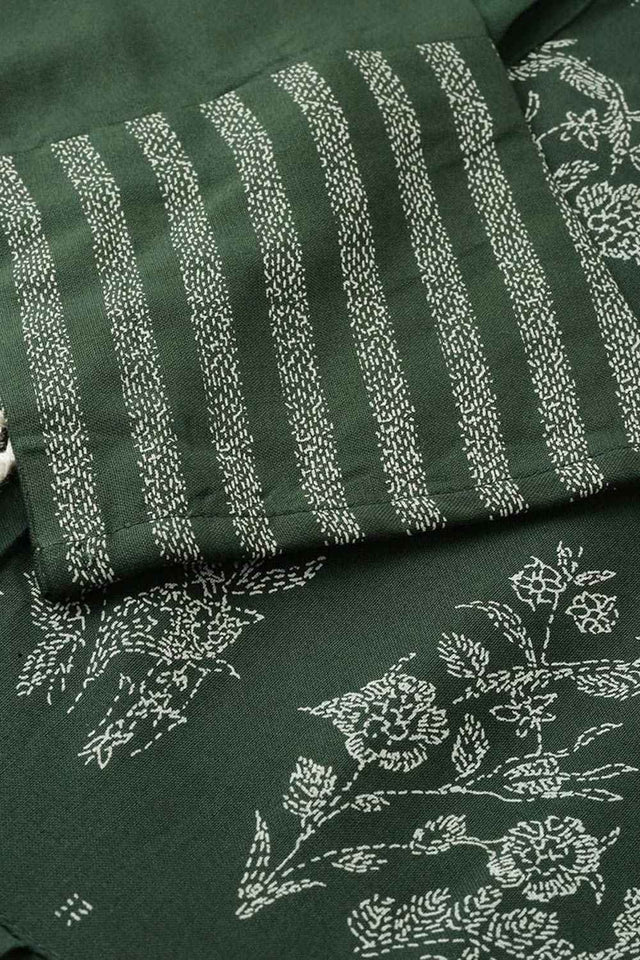 Green Cotton Floral Print Round Neck Kurti