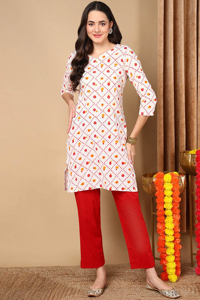 White Cotton Floral Print V Neck Kurti