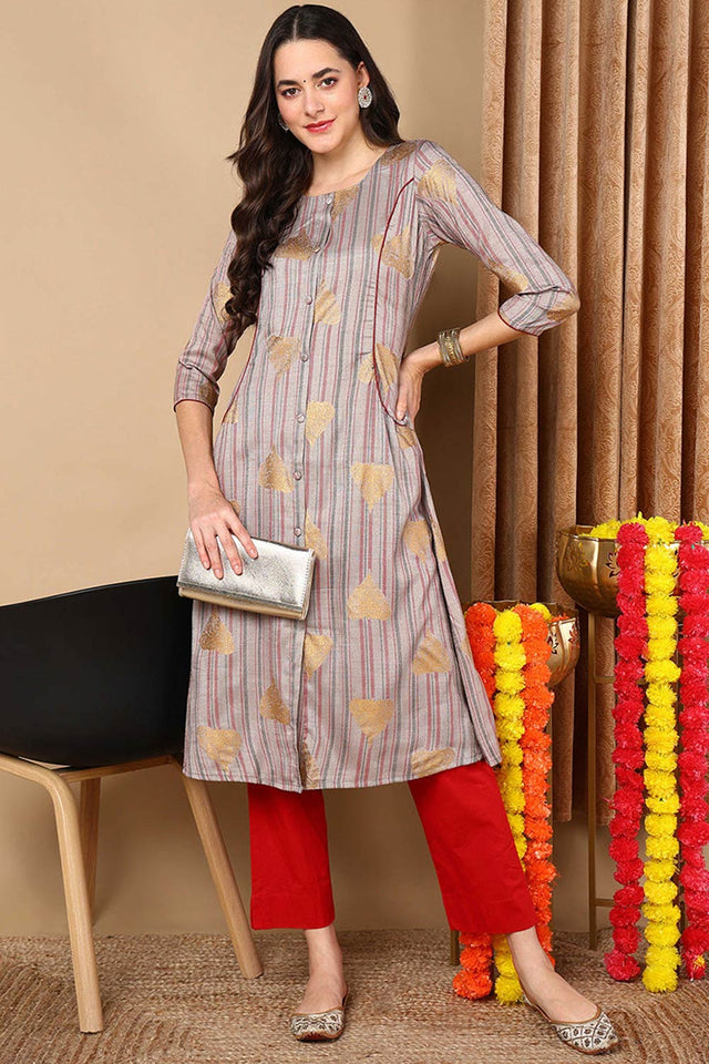grey Cotton Round Neck Kurti