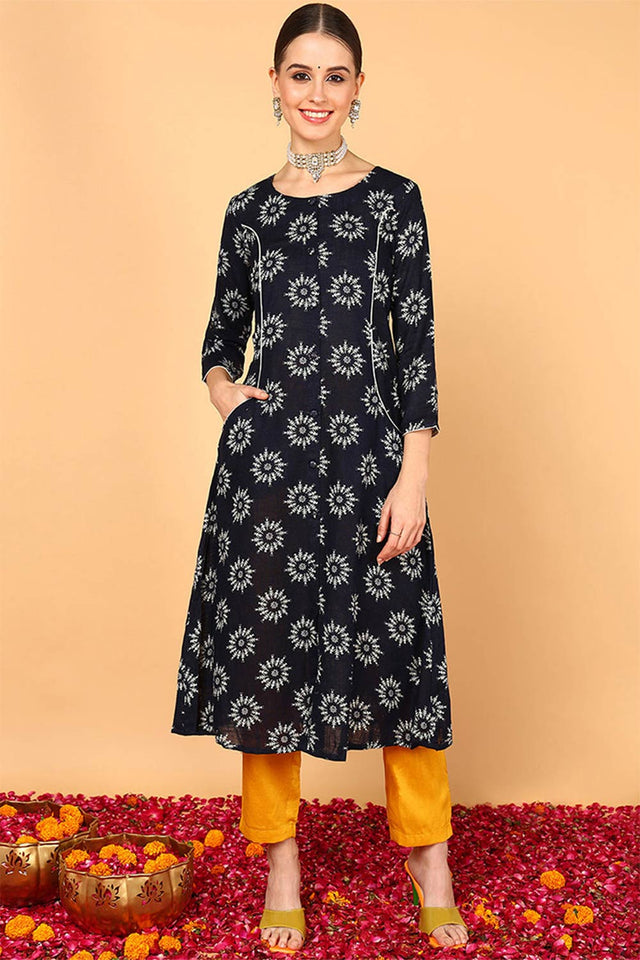Blue Cotton Round Neck Kurti