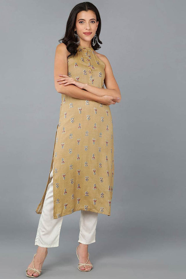 Yellow Cotton Floral Print Round Neck Kurti