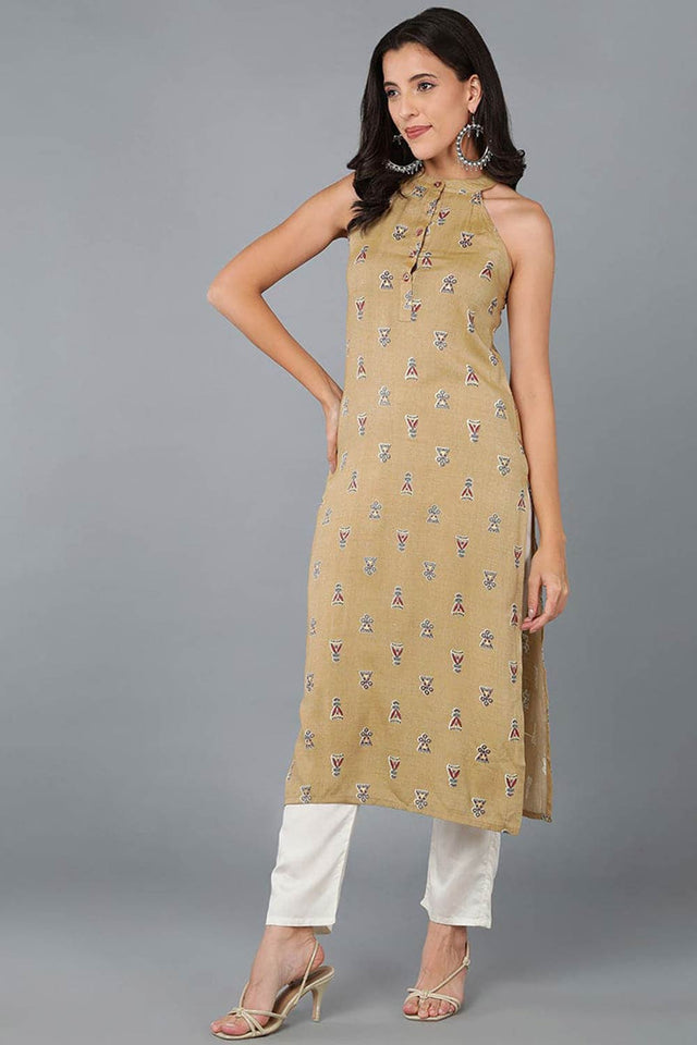 Yellow Cotton Floral Print Round Neck Kurti