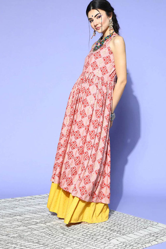 Pink Cotton Printed Flared Fit Kurti