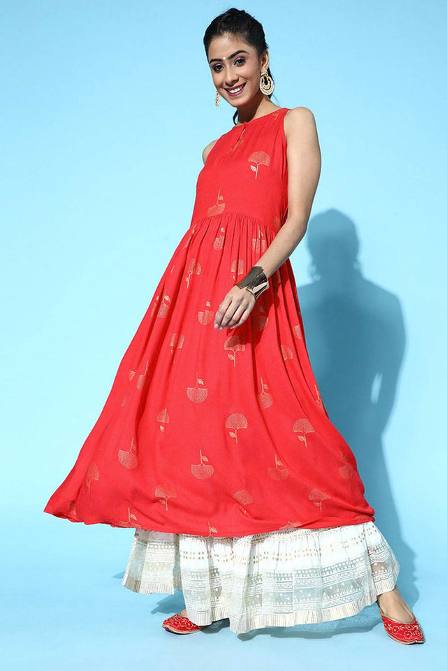 Red Cotton Round Neck Kurti