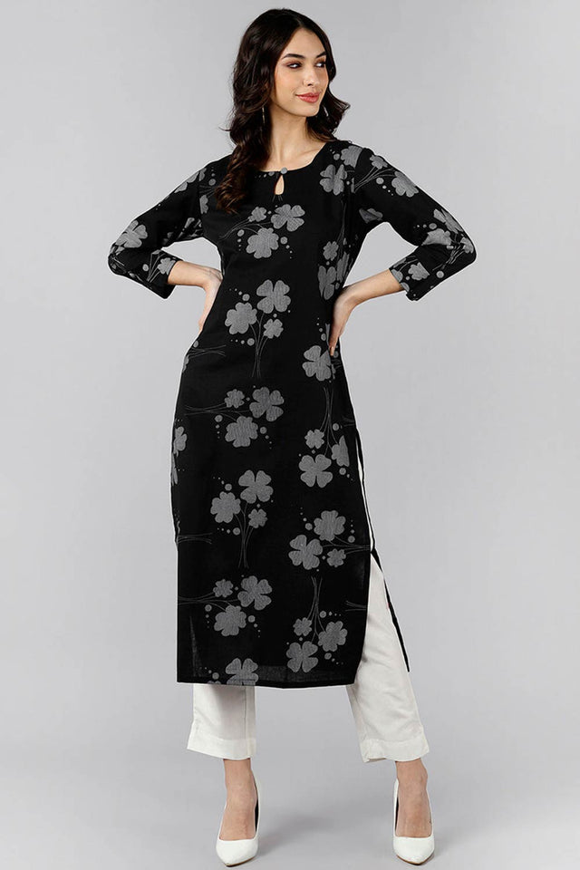 Black Cotton Keyhole Neck Kurti