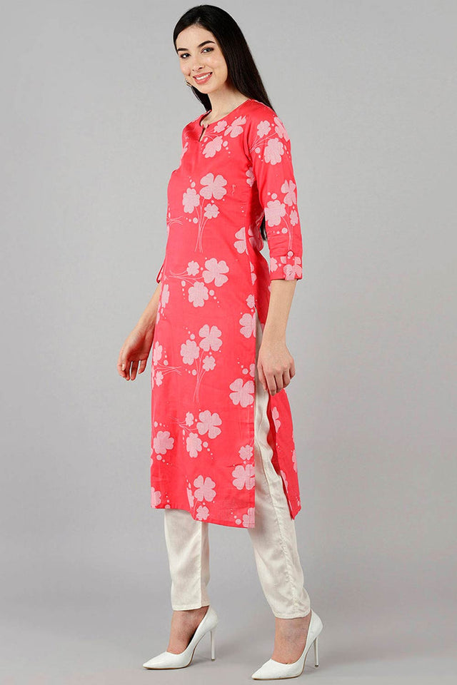 Pink Cotton Keyhole Neck Kurti