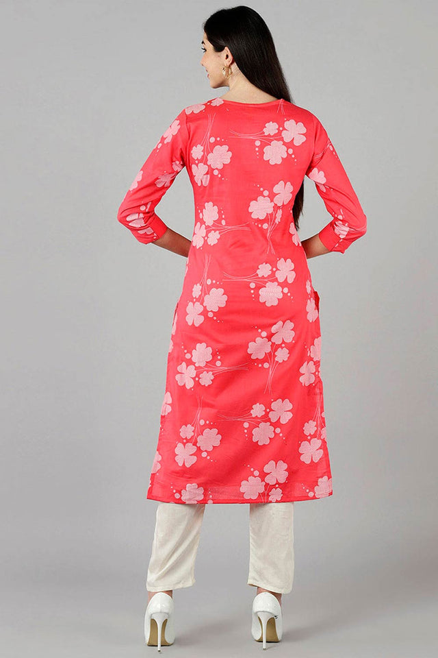 Pink Cotton Keyhole Neck Kurti