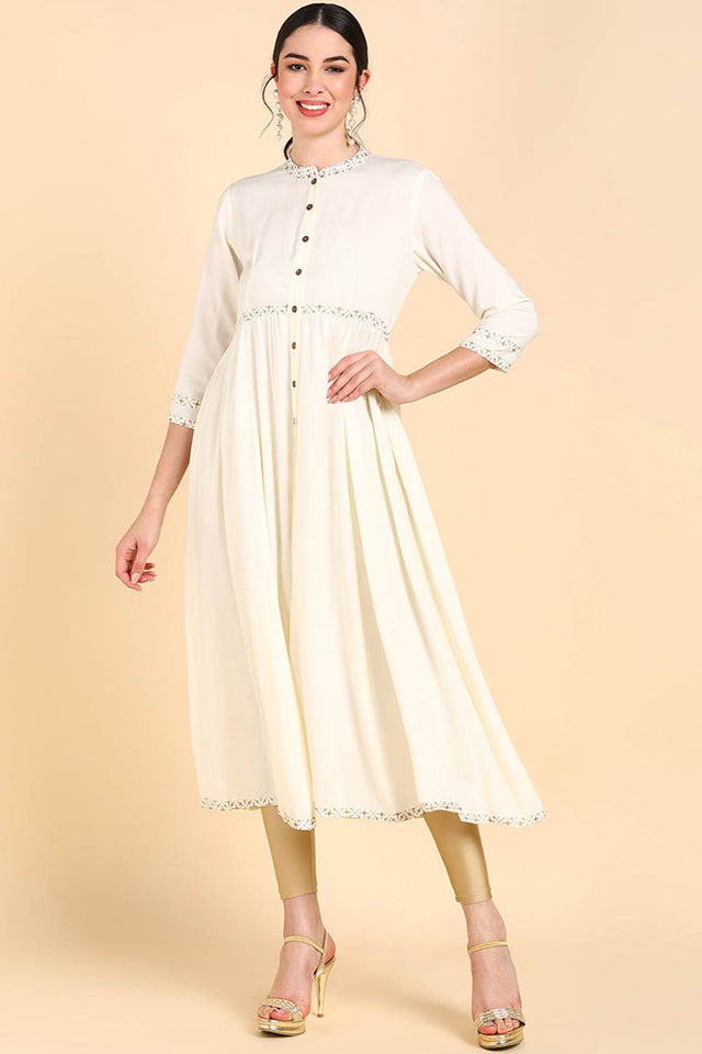 White Rayon V Neck Anarkali Kurti