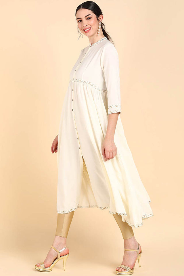 White Rayon V Neck Anarkali Kurti
