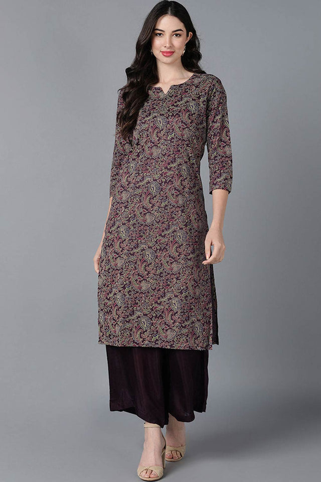 Purple Cotton Printed Straight Kurti