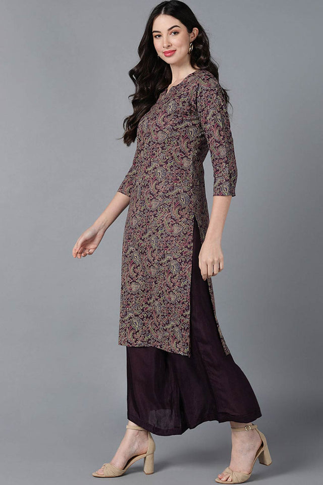 Purple Cotton Printed Straight Kurti