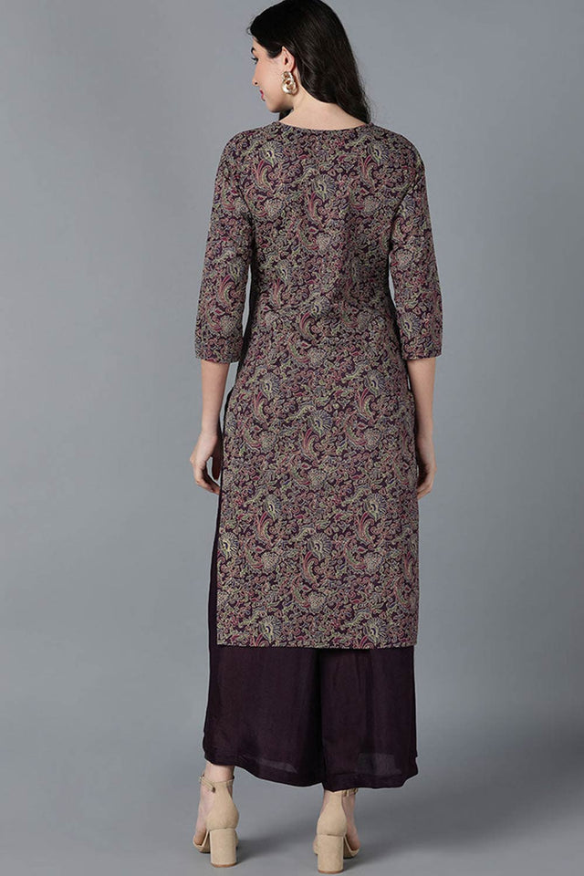 Purple Cotton Printed Straight Kurti