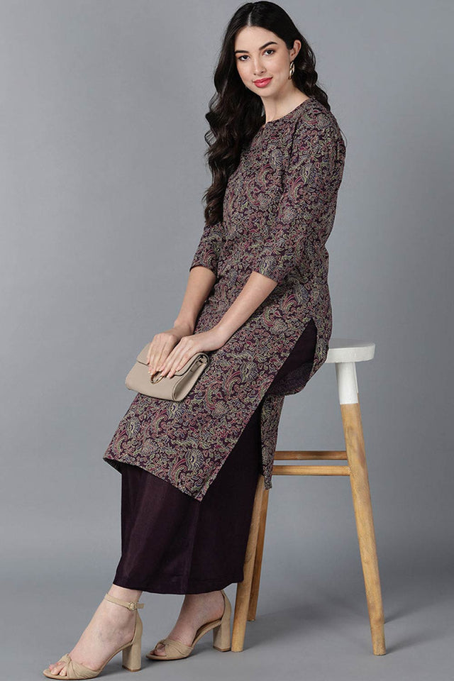 Purple Cotton Printed Straight Kurti