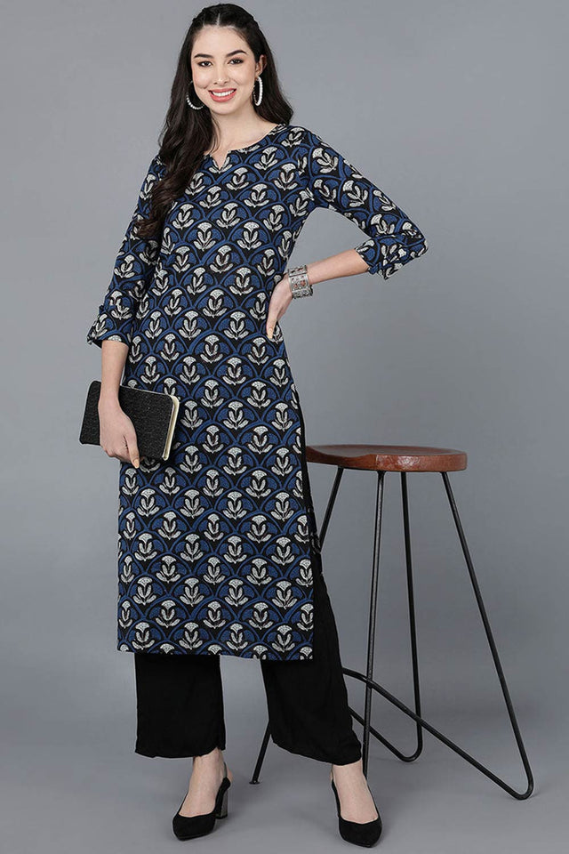Blue Rayon Round Neck Kurti
