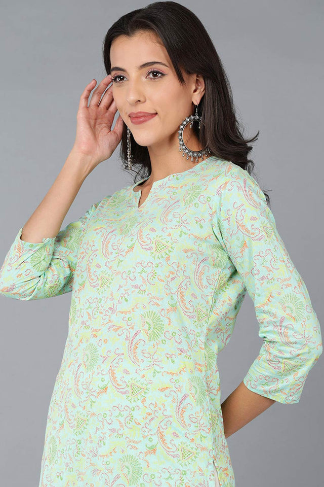 Blue Cotton Printed Kurti