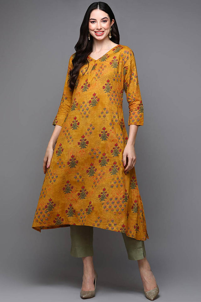 Yellow Cotton Floral Straight Kurti